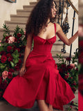 Wjczt Elegant  A Line Midi Dress Sexy Spaghetti Strap Lace Up Red Holiday Party Dresses Split Summer Dresses Women 2024