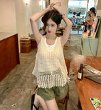 Wjczt Korean Strap Tank Top Women Bohemian Hollow Out Knit Top Loose White Crop Top