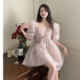 Wjczt Summer Women Dress Both-Sides Wear Floral Print Chiffon Organza Dress Sexy Square Neck Puff Sleeve Party Prom Skirt Short Sweet