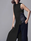 Wjczt Fashion Plain Crew Neck Sleeveless Button Slit Dress Sexy Vintage Casual Chic Summer Slim Single Button High Street Long Dress