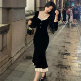 Wjczt Elegant Black Velvet Midi Dresses for Women Square Collar Slim Bodycon Ruffles Patchwork Fishtail Autumn New Evening Party Dress