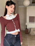 Wjczt  -New Chinese Style Sweaters Elegant Tees Short Fake Two Piece Knitted Tops Tshirts Y2k Off Shoulder Women Patchwork Camisetas