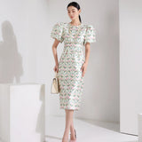 Wjczt  New Summer Dresses Womens Retro Office Party Elegant Simple Series Dress Lantern Sleeve Print Pencil Vestidos