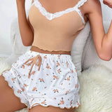 Wjczt Women Pajama Set Lace Patchwork V-Neck Sleepwear Sexy Female Nighties Suit Cami Top Printed Shorts Soft Pyjamas Loungewear 2psc