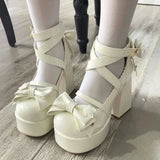 Wjczt New Women Mary Janes High Heels Shoes Chunky Sandals Summer Fashion Retro Bow Lolita Shoes Party Platform Pumps