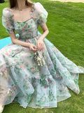 Wjczt Vintage Floral Evening Midi Maxi Dresses for Women Elegant Casual Party Prom Green Holiday Princess Fairy Long Dress Summer 2024