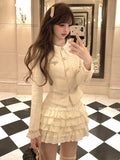 Wjczt French Vintage 2-piece Set Tweed Lace Patchwork Single Breasted Coat Ruffles Cake Mini Skirt Korean Fashion Autumn Outfits New