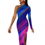 Wjczt Neon Paint Long Dress Women Graffiti Splatter Print Party Maxi Dress Summer Long Sleeve Sexy Bodycon Dresses Side Split Clothes