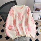 Wjczt Cartoon Pink Women Sweaters Bows Autumn Winter Korean Fashion Sweet Pull Femme Kawaii Loose Warm Retro Pullovers