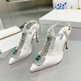 Wjczt Ladies Wedding Shoes Rhinestone Pointed Toe High Heels Satin Gemstone Stiletto Sandals 2022 New Baotou Fairy Pump Wedding Shoes