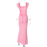 Wjczt Elegant Pink Sexy Bandage Backless Maxi Dress Summer Backless Outfits for Women Birthday Vestido Sun Dresses Chic Sexy Dress