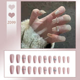 Wjczt 24P Nail Art Fake Nails Japanese Ballerina Press on Nails Set Diamond Streamer Flash Fly Butterfly Seamless Removable False Nail