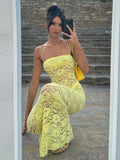 Wjczt Yellow Printed See-Through Maxi Dress Female Backless Slim High Waist Elegant Halter Dresses Women Bandage Spaghetti Dress