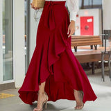 Wjczt Women High Waist Maxi Skirt High Low Irregular Hem Self-tie Elastic Ruffle Long Skirt Ruffle Women Maxi Skirt Long