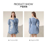 Wjczt Spring 2024 New Irregular Sexy Cold-Shoulder Mesh Flower Famale Dress New Chinese Style Denim A-LINE Women Dresses