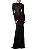 Wjczt Women See Through Bodycon Long Dress Long Sleeve Mesh Sheer Maxi Dress Cross Tie Up Backless Club Party Dress Maxi Dress