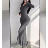 Wjczt Autumn New Solid Bodycon Midi Dresses for Women Long Sleeve Zipper Design Slim Mermaid Dress Casual Party Bandage Dress Vestidos