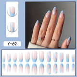 Wjczt 24Pcs Long Round Head Press On Nail Art Seamless Removable Fake Nails With Glue Ballet Coffin Wearing Blue Reusable False Nails