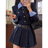 Wjczt Korean Fashion Elegant Two-piece Skirt Set Women Single Breasted Crop Top Pleated Mini Skirt Preppy Style Autumn New Outfits