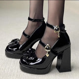 Wjczt Punk Heart Buckle High Heels Pumps Women 2025 Spring Y2K Black Chunky Platform Lolita Shoes Woman Bowtie Thick Heel Gothic Shoes