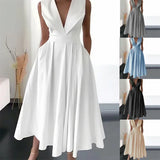 Wjczt 2025 New Spring V Neck Draped Party Dress Women Solid High Waist Pocket Pleated Long Dress Summer Sleeveless Hem Boho Maxi Dress