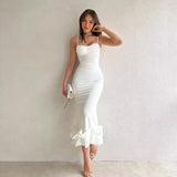 Wjczt Sexy Sleeveless Backless Midi Dress Women 2025 Summer Fashion Bodycon Elegant Ruffles Eged Birthday Party Club Pencil Dess