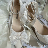 Wjczt French Adult Gift Lolita Shoes Pearl Ribbon Premium Birthday Lolita Shoes Fairy Wedding High Heels for Women