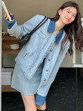 Wjczt 2-Piece Set for Women Half Skirts Sets Turn Down Collar Patchwork Coat Mini Skirt Fashion Female Denim Suit Autumn Winter New