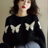 Wjczt Korean Style Black Printed Knitted Long Sleeved Sweater Autumn/winter Fashion Casual Loose High Quality Comfortable Women's Top