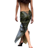 Wjczt Sexy Green Faux Leather Skirt Women Back Lace Up Hollow Out Split Retro Long Skirt Floor Length Slim Tie Dye Hip Wrapped Skirt