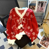 Wjczt Christmas Snowflake Sweater Women Jumper Bow V Neck Long Sleeve Knitted Sweater Winter Pullover Tops Korean Fashion Sweater New