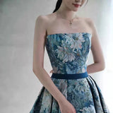 Wjczt Elegant Flower Evening Dress For Women Blue Green Strapless A-line Pleat Detachable Sleeve Belt Banquet Party Formal Prom Gowns