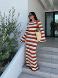 Wjczt Striped Contrast Knit Maxi Dress Women Hollow Out Long Sleeve Cover up Summer Loose Ladies Dress High Waist Fashion Dress