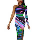 Wjczt Neon Paint Long Dress Women Graffiti Splatter Print Party Maxi Dress Summer Long Sleeve Sexy Bodycon Dresses Side Split Clothes