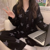 Wjczt Korean Pajamas Women's Spring and Summer New Long-sleeved Black Star Full Print Loungewear Set Pijamas Women Lingerie Sleepwear