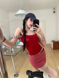 Wjczt Red Suspender Sexy Two Piece Sets Spice Girl Vest Love Letter + Plaid Mini Skirt Suit Korean Fashion Design Casual Sets 2024 New