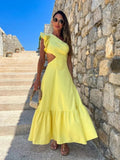 Wjczt One Shoulder Ruffle Dress Hollow Out Bodycon  Women Sleeveless A-line Yellow Long Dress Fashion Beach Style Female Robe Summer