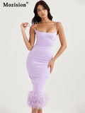 Wjczt Feather Tassel Spaghetti Strap Backless Long Dress Women Summer New Sleeveless Backless Bodycon Club Party Dress