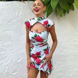 Wjczt Summer Floral Print Short Sleeve Sexy Mini Bodycon Dresses For Women Evening Party Club Elegant Blue Dress Vestidos