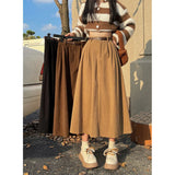 Wjczt Vintage Belt Corduroy Midi Skirt Women High Waist Pleated A Line Skirts Autumn Winter Streetwear Korean Casual All Match Skirt