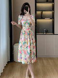 Wjczt Summer Square Collar Midi Dress Women Flower Floral Print Fashion Sweet Ruffle Ladies Dresses Pleated Loose Korean Vesidos