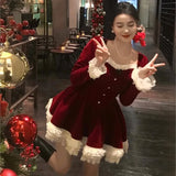 Wjczt Elegant Velvet Lace Ruffles Patchwork Short Dresses for Women Long Sleeve A-line Korean Fashion Christmas Birthday Party Dress