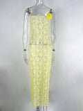 Wjczt Yellow Printed See-Through Maxi Dress Female Backless Slim High Waist Elegant Halter Dresses Women Bandage Spaghetti Dress