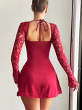 Wjczt Halter Strapless Sexy Mini Dress For Women Summer New Sheer Lace Long Sleeve Backless Lace-up Party Dress Fashion