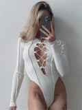 Wjczt Hollow Out Lace-Up For Women Jumpsuit Knit Bodysuit Patchwork Bandage Vintage Sexy Long Sleeve Female High Waist Rompers