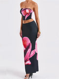 Wjczt Sexy Women 2 Pieces Outfits Floral Print Tube Tops and Elastic Waist Bodycon Long Skirts Sets Summer Streetwear 2024