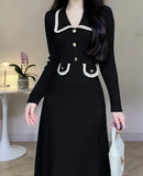 Wjczt Autumn Winter Long Sleeve Knitting Midi Dress Women Fashion Turn Down Collar Button Sweater Clothes Female Soft Ribbed Jumper