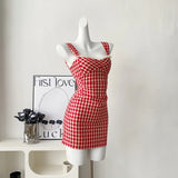 Wjczt Spicy Girl Sexy Lace Edge New Product Strawberry Cute Party High Street Sweet Plaid Red Plaid Y2K Sling Mini Dress