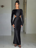 Wjczt Elegant Satin Backless Maxi Long Dress For Women Fashion O Neck Long Sleeve Bodycon Club Party Sexy Long Dress New