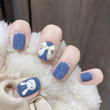 Wjczt 24PCS/Box Bowknot Rabbit Pattern Pearl Short Square Designer Fashion Design French Style Full Covering Pressed Fake Nails